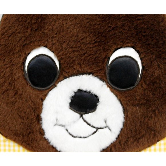 Vtg 70's 80's Hand Made Plaid Yellow Pillow Bear Face Brown Faux Fur Ruffle Trim - Picture 2 of 4